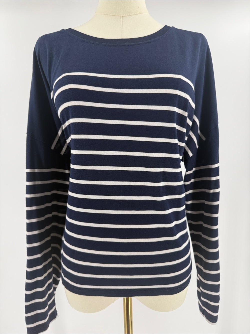 Striped Navy and White Long-Sleeve Boatneck Top